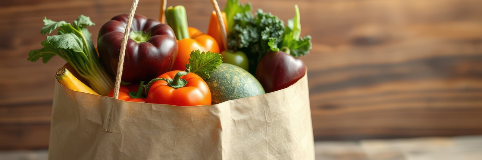 Freshly harvested vegetables in a paper bag on a wooden table